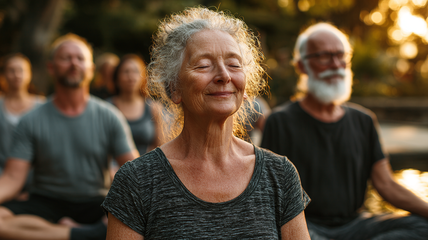 Seniorka uprawiająca jogę w spokojnym otoczeniu